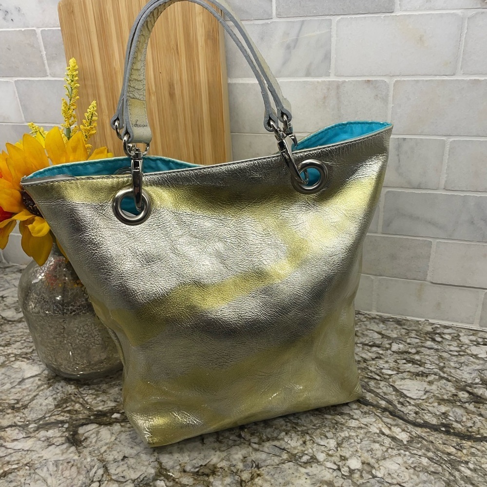 Mauricio Taiuti Chic Metallic Tote with Turquoise lining see measurements below